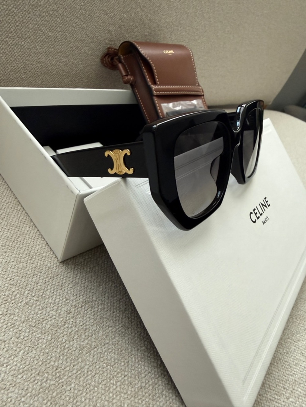 Celine Black Square Acetate Sunglasses with Gold Triomphe Emblem